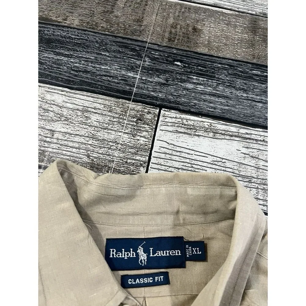 Ralph Lauren Shirt Mens XL Khaki Beige Tan Classic Fit Button Up Blue Pony‎ Silk